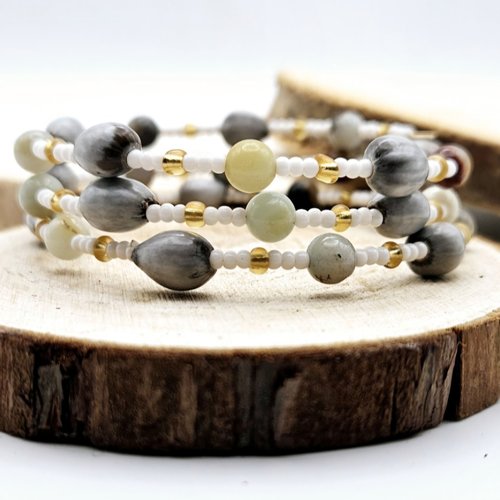 Bracelet de lithothérapie en amazonite et graines
