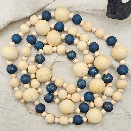 Guirlande de perles en bois – bleu nuit & doré – décoration de noël 1m80