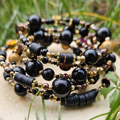 Bracelet "collection bohème" noir à mémoire de forme – 6 tours – pièce unique recyclée