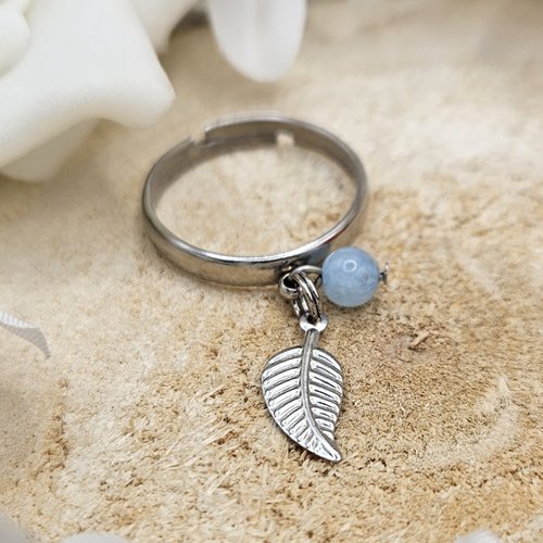 Bague de lithothérapie ajustable feuille & aigue-marine – acier inoxydable argenté – mini-série