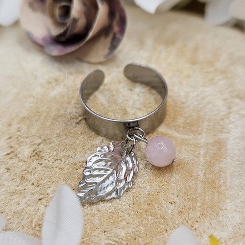 Bague de lithothérapie ajustable feuille & quartz rose – acier inoxydable argenté – mini-série
