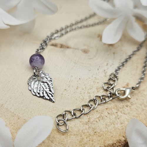 Collier feuille & améthyste – argenté – mini série – création fait main