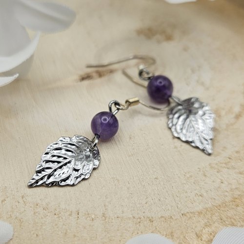 Boucles d’oreilles feuille & améthyste – mini-série
