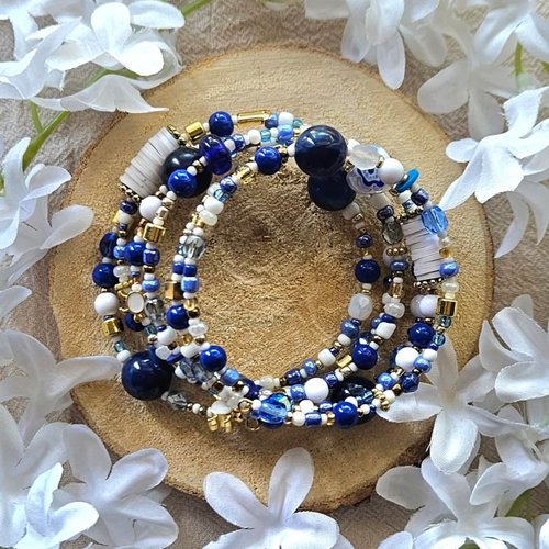 Bracelet bohème 6 tours bleu et blanc – perles et tortues – pièce unique