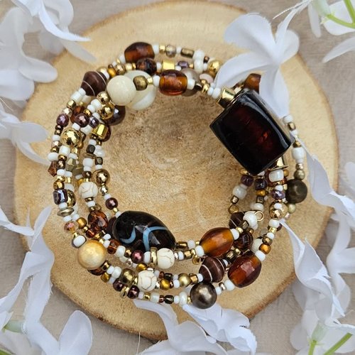 Bracelet bohème 6 tours beige et marron – bijou unique en perles de seconde vie