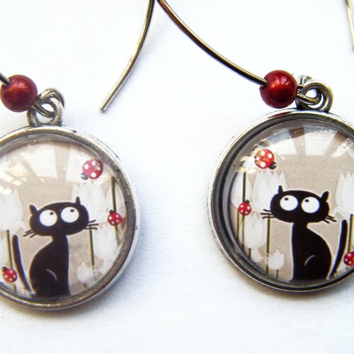 Boucles d'oreilles attaches longues, métal argenté, chat noir et coccinelles
