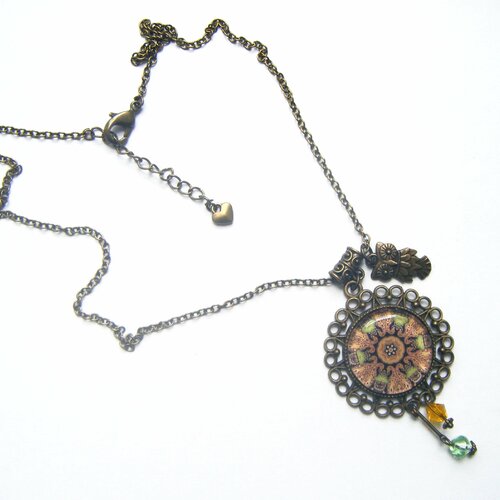 Pendentif, médaillon cabochon, mandala bronze
