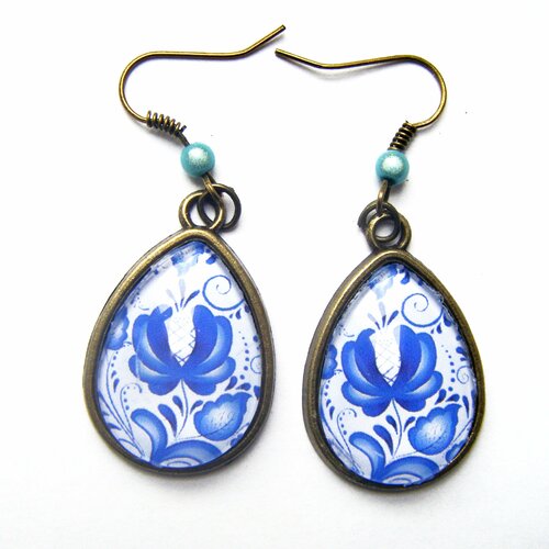 Boucles d'oreilles forme goutte, motif porcelaine ancienne, cabochon