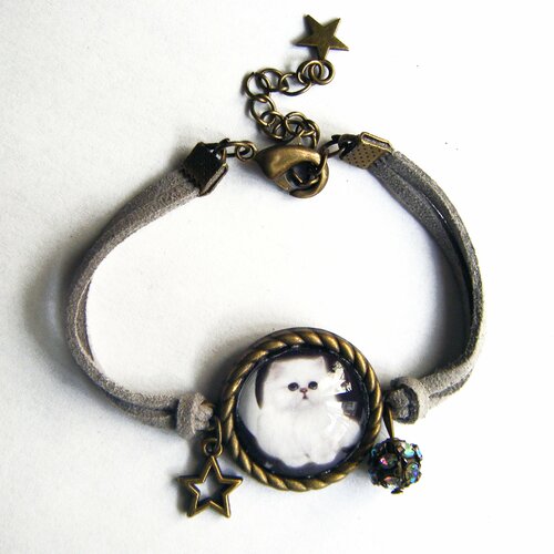 Bracelet cabochon bronze, joli chat angora blanc