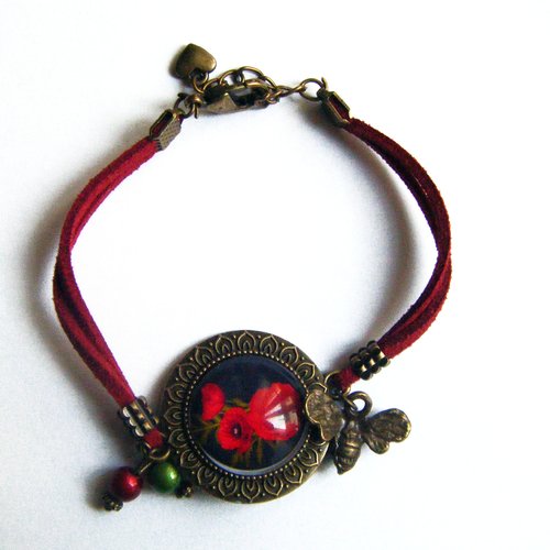 Bracelet cabochon joli coquelicot
