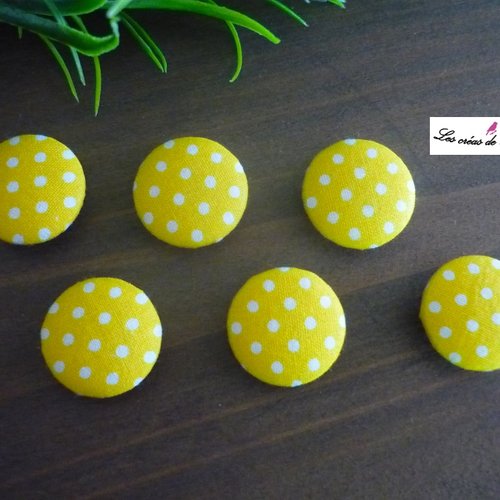 6 boutons recouverts de tissu jaune à pois blanc de 24 mm