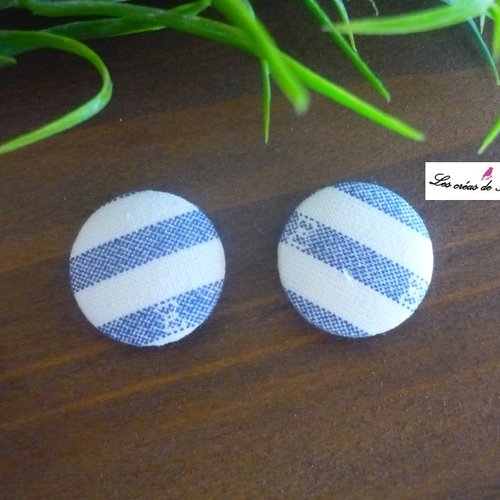 2 boutons recouverts de tissu rayé bleu et blanc de 24mm