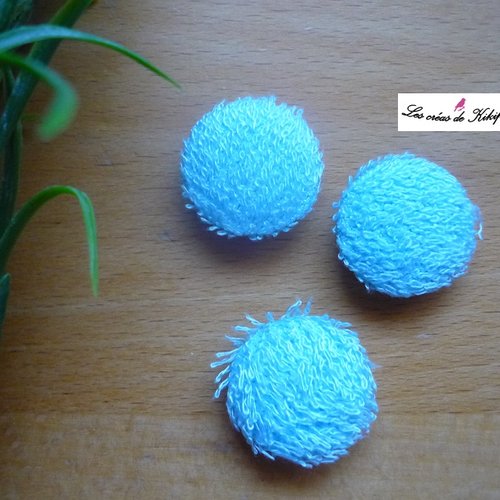 3 boutons recouverts de tissu éponge bleu turquoise de 22 mm