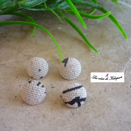 4 boutons recouverts de tissu lin et noir de 10mm