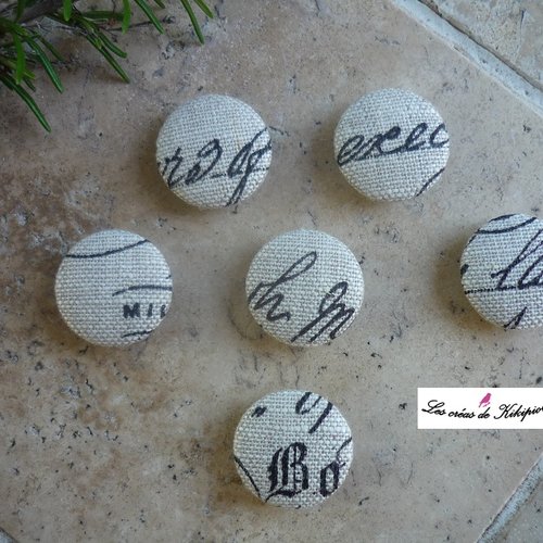 6 boutons recouverts de tissu lin fantaisie de 24 mm