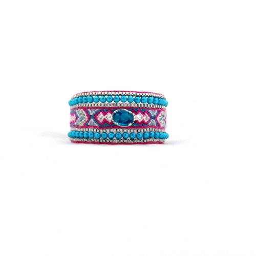 Bracelet manchette wrap, brésilien, perles, chaine, bleu, vert, rose, blanc, argenté, taille m,