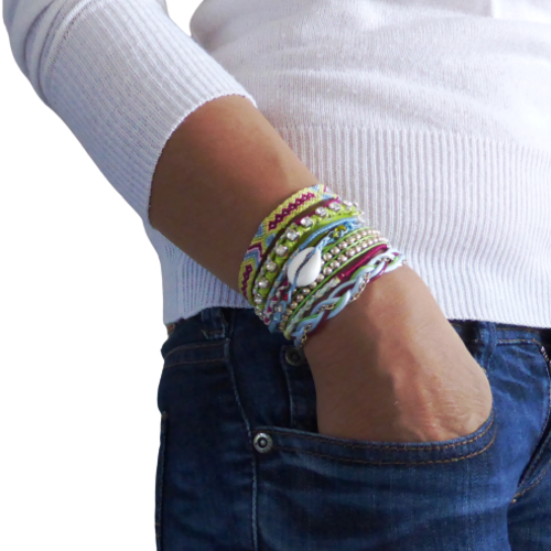 Bracelet manchette multi rangs, bleu ciel, anis, ethnique, femme, taille m