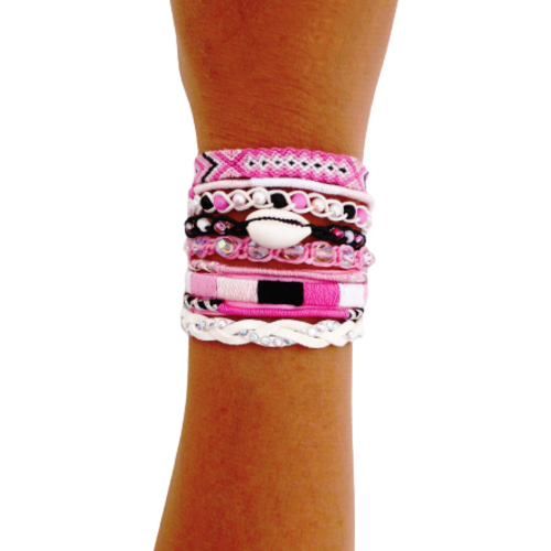 Bracelet manchette brésilienne, multi rangs, rose, blanc,perles, ethnique, femme, taille m/l