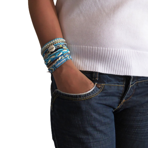Bracelet manchette brésilienne, multi rangs, bleu, blanc, ethnique, femme, taille m/l