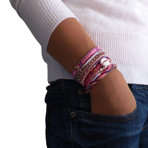 Bracelet manchette brésilienne, multi rangs, parme, rose, bordeaux, ethnique, femme, taille m
