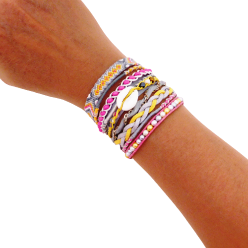 Bracelet manchette brésilienne, multi rangs, ethnique, gris, jaune, rose, femme, taille s.