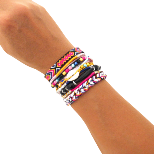 Bracelet manchette brésilienne, ethnique, multi rangs,  noir, jaune, rose, femme, taille  m