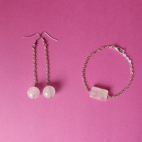 Parure bracelet et boucle d’oreille perles rose pale.