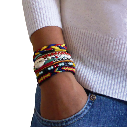 Bracelet manchette brésilienne, multi rangs, noir, rouge, jaune, femme, taille xl