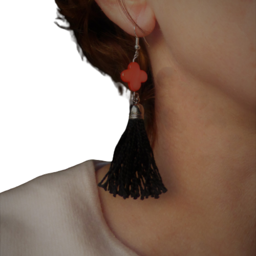 Boucles d'oreilles pendantes, pompon perle nacre, corail, femme,