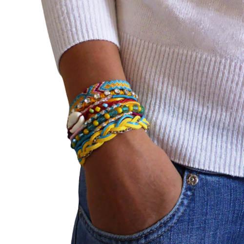 Bracelet ethnique, manchette brésilienne, multi rangs, bleu, jaune, rose, femme, taille  m /  l