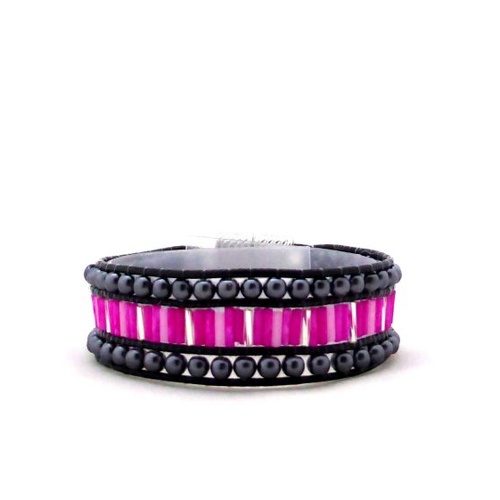 Bracelet wrap simple, perle rose, noir, fermoir aimanté, femme, taille m