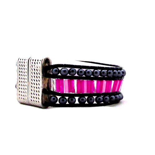Bracelet wrap simple, perle rose, noir, fermoir aimanté, femme, taille m