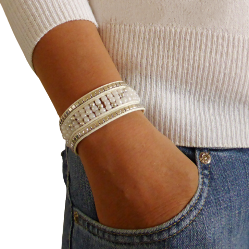 Bracelet manchette, wrap, blanc, argent, femme, taille l