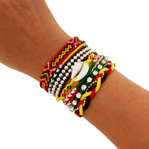 Bracelet   ethnique, manchette brésilienne, multi rangs rouge, marron, jaune, vert, femme, taille m / l