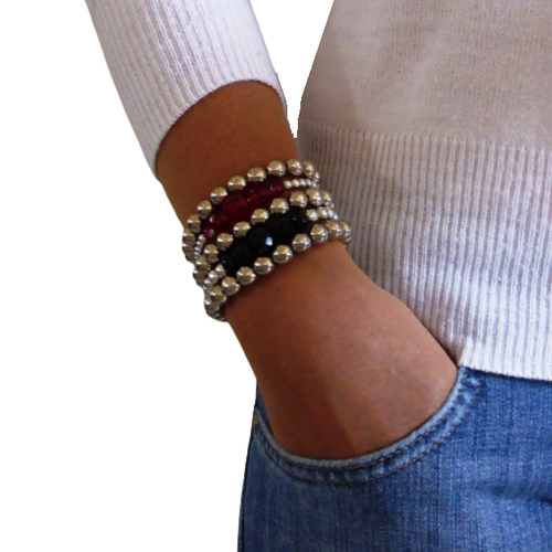 Lot de 5 bracelets élastique perles argentées, rouge, noires, femme, taille l