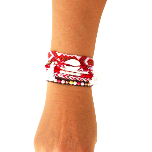 Bracelet ethnique, manchette brésilienne, multi rangs, rouge, marron, blanc, femme, taille s