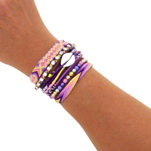 Bracelet ethnique, manchette brésilienne, multi rangs, parme, jaune, rose,  femme, taille m