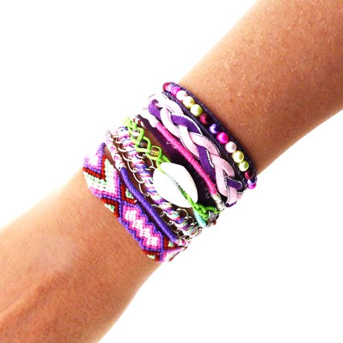 Bracelet ethnique, manchette brésilienne, multi rangs, violet, rose, anis,  femme, taille s / m
