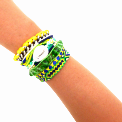 Bracelet ethnique, manchette brésilienne, vert, bleu, jaune,  femme, taille l