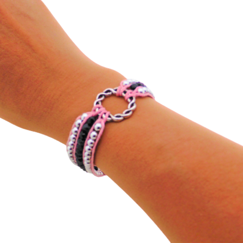 Bracelet manchette wrap, connecteur, perles argentées , noires, femme, taille m / l