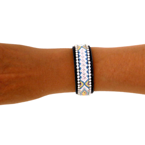 Manchette cuir bleue, classique, élégante, strass, femme, taille xs