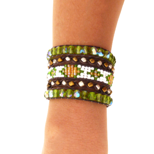 Bracelet ethnique, manchette brésilienne, multi rangs, vert, marron, femme, taille l