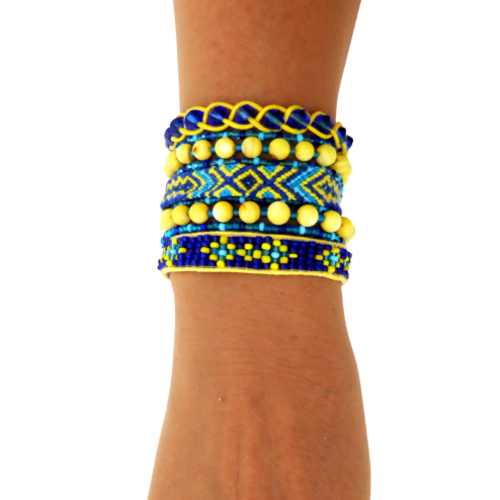 Manchette brésilienne, bracelet, ethnique, perle, jaune bleu, femme, taille l