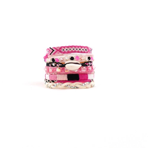 Bracelet manchette brésilienne, multi rangs, rose, blanc,perles, ethnique, femme, taille m/l