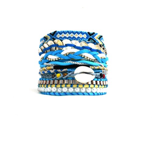 Bracelet manchette brésilienne, multi rangs, bleu, blanc, ethnique, femme, taille m/l