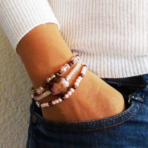 Lot de 3 bracelets élastique perles, rose, marron, femme, fille, taille l