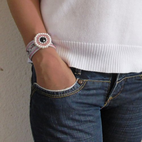 Bracelet manchette brésilienne, cabochon perles, femme, taille : l