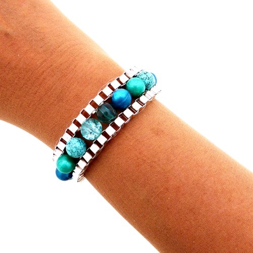 Bracelet chaîne vénitienne, perles, bleu, vert, femme, taille l / xl