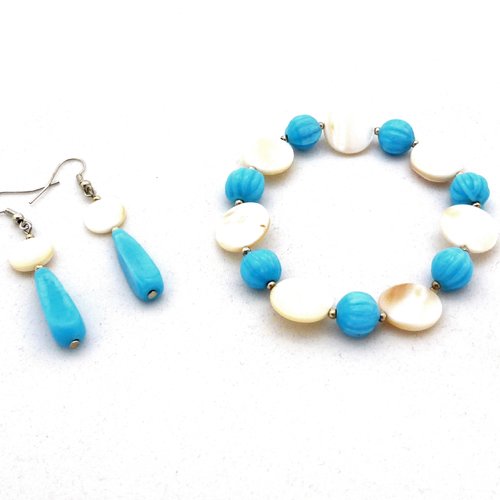 Parure, bracelet, boucles d'oreilles, perles turquoise ,nacre femme fille, taille l / xl