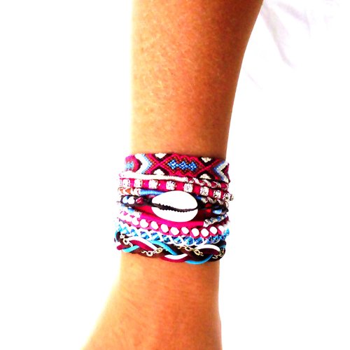 Manchette ethnique,  brésilienne, fuchsia, marron, bleu, noir, blanc,  femme, taille m